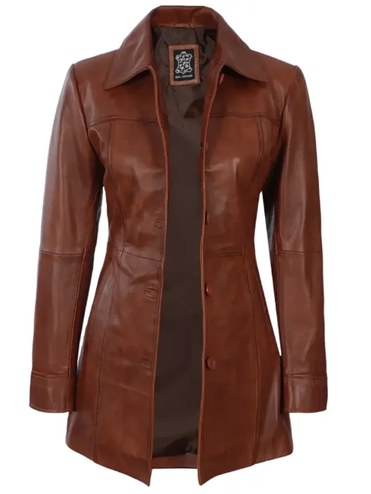 women cognac leather car coat