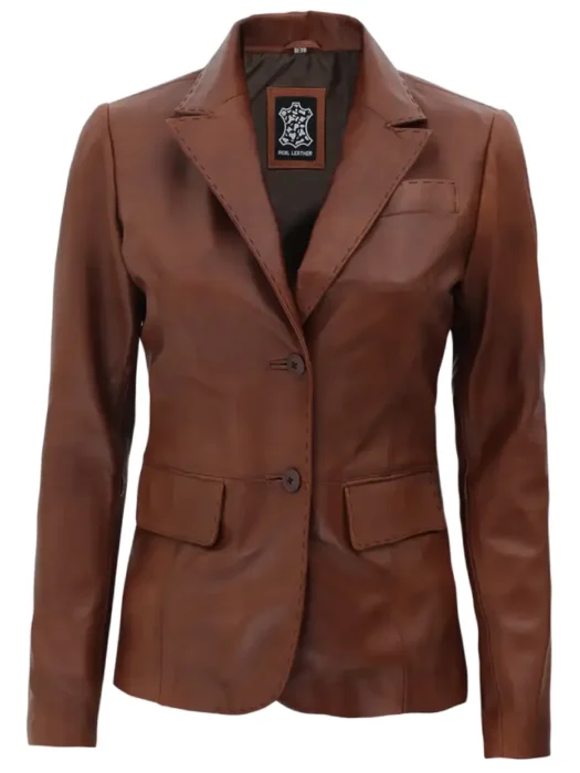 women tan leather blazer