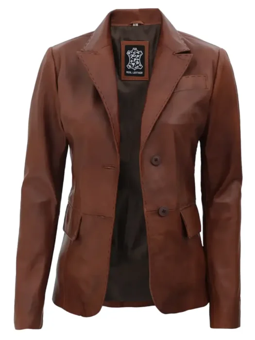 women tan leather two buttib blazer