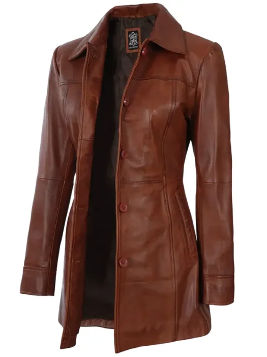 womens cognac leather car coat